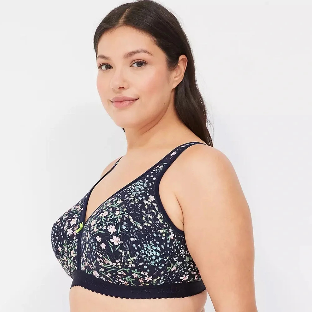 Cacique Cotton Lightly Lined No Wire Bra 42DDD Navy Floral Ditsy Spray Print